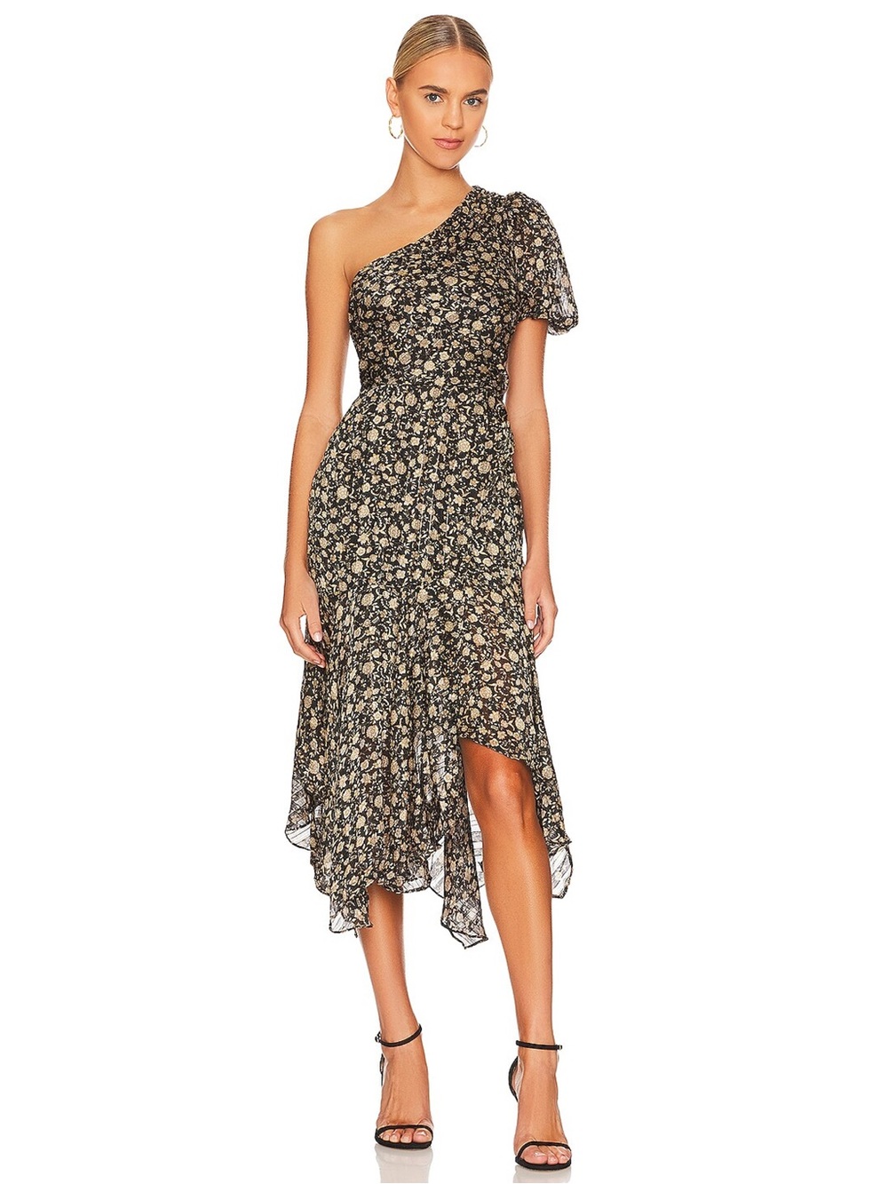 NWT - ASTR the Label - Santorini Midi Dress - Black and Gold Floral
